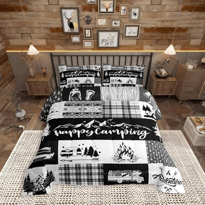 Castle Fairy Camper Patchwork Comforter Set King Size,RV Happy Camping Hunting Adventure Bedding Set All Season Quilt Set,Travel Trailers Decor Boho Aztec Exotic Microfiber Polyester Down Comforter