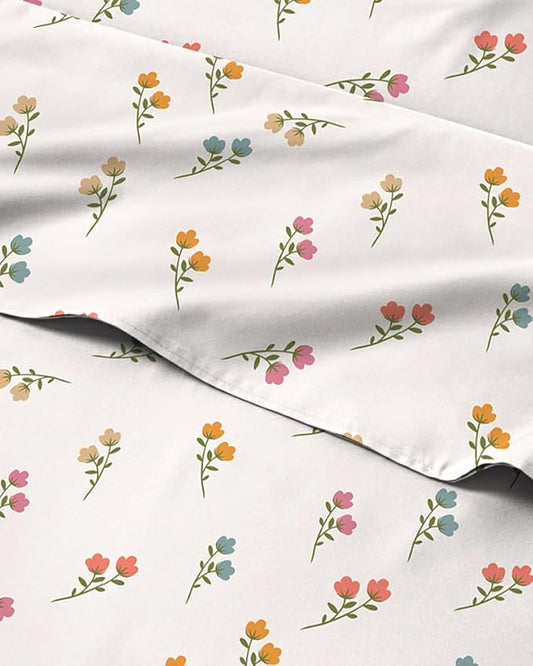 Floral Sheets - Flower Print Bed Sheet Set - 1 Flat, 1 Fitted & 1 Pillowcase w/ Deep Pockets - Comfy, Cozy, Wrinkle & Fade Free - Boho Botanical Bedding - Soft, Breathable & Cooling - Twin Size Set