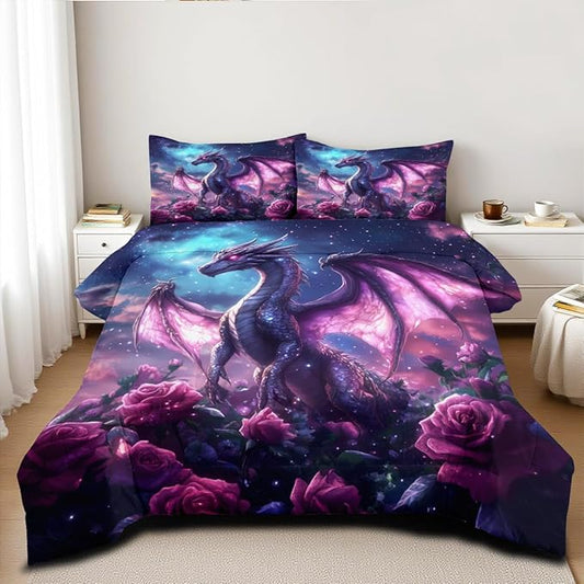 Boys Kids Dragon Comforter Set Queen Size Purple Rose Bedding Set 3 Pieces Modern Science Fiction Theme Bedding Soft Lightweight Comforter for All Season,2 Pillowcases