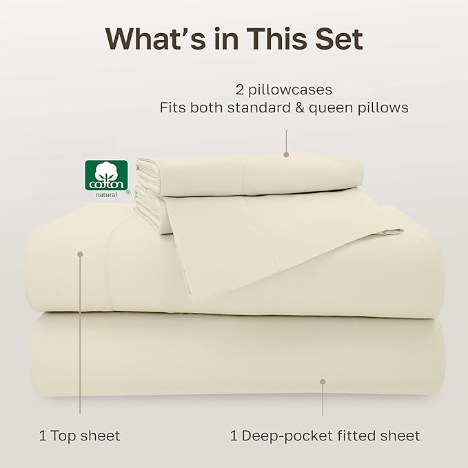 California Design Den Full Size Sheet Set - 100% Cotton, 500 Thread Count Sateen, Deep Pocket Bed Sheets with Fitted Elastic Sheet, Soft Luxury - Ivory (Creamy Beige Tone)