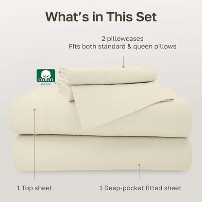 California Design Den Full Size Sheet Set - 100% Cotton, 500 Thread Count Sateen, Deep Pocket Bed Sheets with Fitted Elastic Sheet, Soft Luxury - Ivory (Creamy Beige Tone)
