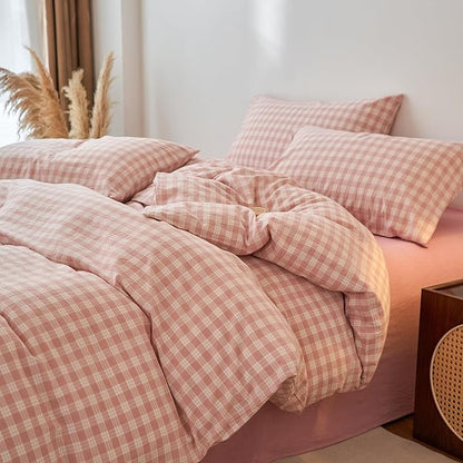 EAVD Vintage Style Gingham Plaid Duvet Cover Twin Pink White Soft 100% Washed Cotton Chic Warm Checkered Bedding Set with 2 Pillowcases Farmhouse Grid Gingham Duvet Cover with Zipper Closure