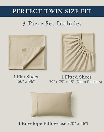 LANE LINEN 100% Organic Cotton Twin Size Bed Sheets, Fully Elasticized Mercerised Cotton Bed Sheet Set, Soft & Comfy Low Pill Face Resistant Bedding Sheets & Pillowcase Set- Linen