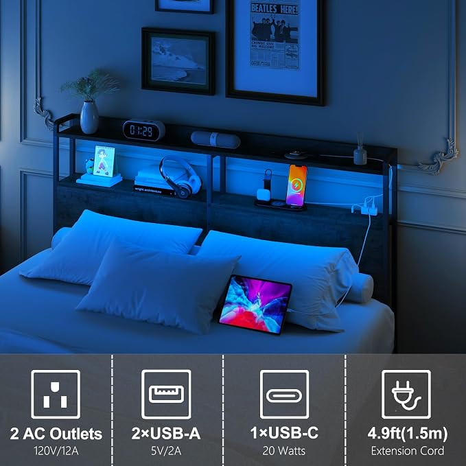 METYERRY Headboard for Queen Size Bed Frame with Storage, Height Adjustable, Headboards with Outlets, USB Ports, Type-C, LED Light, Sturdy and Stable Headboard, Black Oak,Bed Frame NOT Included