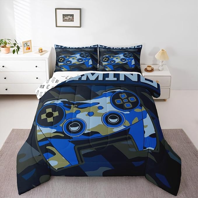 Feelyou Boys Gaming Comforter Set Toddler Size Teens Gamer Bedding Set Retro Blue Camouflage Video Game Controller Comforter for Kids Youth Bedroom Decor Gamer Console Action Buttons Duvet Set