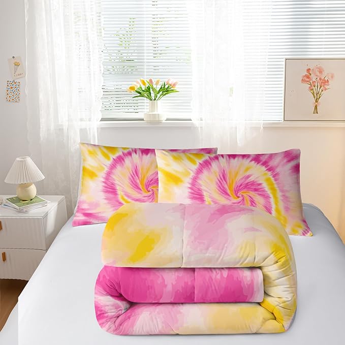 Pink Tie-dye Comforter Sets Twin Size,Abstract Modern Art Bedding Set for Your Room,Graffiti Soft Lightweight Quilted Set All Season 1 Comforter and 2 Pillowcases