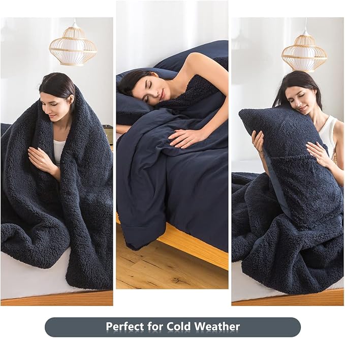 Warm Sherpa Comforter Set with Pillowshams Fleece Comforter King Size Lightweight Cozy Plush Washable Cotton Down Alternative Soft Comforter and Pillow Shams(Dark Navy Blue,King)