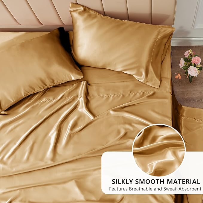 CozyLux Satin Sheets Full Size Sheets - 4 Piece Silky Full Size Bed Sheets, Luxury Gold Full Bed Set with Smooth and Soft Microfiber, Includes 1 Fitted Sheet, 1 Flat Sheet and 2 Pillowcases