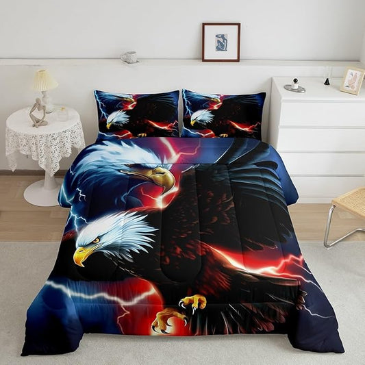 American Flag Eagle Comforter Set King Size,Lightning Night Bedding Set 3pcs,Kids Girls Boys Adult Room Decor,Wild Animals Theme Duvet Insert Vintage Cool Quilted Duvet Set with 2 Pillowcases