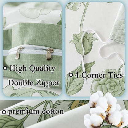 FADFAY Green Duvet Cover Set Twin Floral Bedding 100% Cotton Shabby Vintage Reversible Zipper Farmhouse Comforter Cover Flower Print Bed Covers Girls Kids Pretty Bowknot Soft Breathable 3Pcs