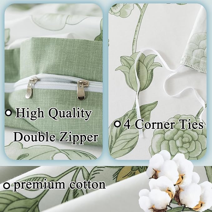 FADFAY Green Duvet Cover Set Queen Floral Bedding 100% Cotton Shabby Vintage Reversible Zipper Farmhouse Comforter Cover Flower Print Bed Covers Girls Pretty Bowknot Soft Breathable 3Pcs