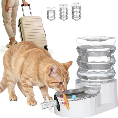 RIZZARI 5L Gravity Cat Water Dispenser: Filtered for Small Pets | Reduced Refills / Stainless Steel Bowl / Anti Splash Base /BPA-Free Materials/ Easy Cleaning / Kitchen Living Room Use