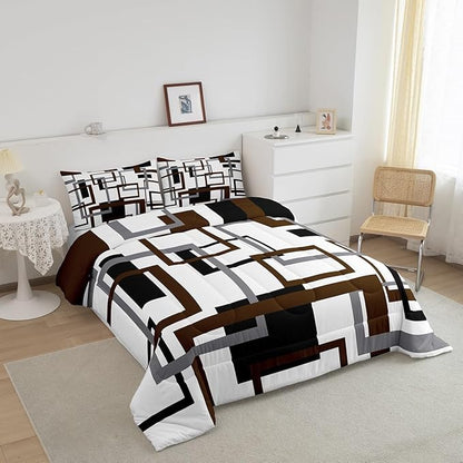 Erosebridal Geometric Comforter Set for Adult,Vintage Black and Grey Brown Bedding Set Full Size,Modern Farmhouse Quilt Set Home Room Decor,Grid Pattern Duvet Insert with 2 Pillow Shams All Season