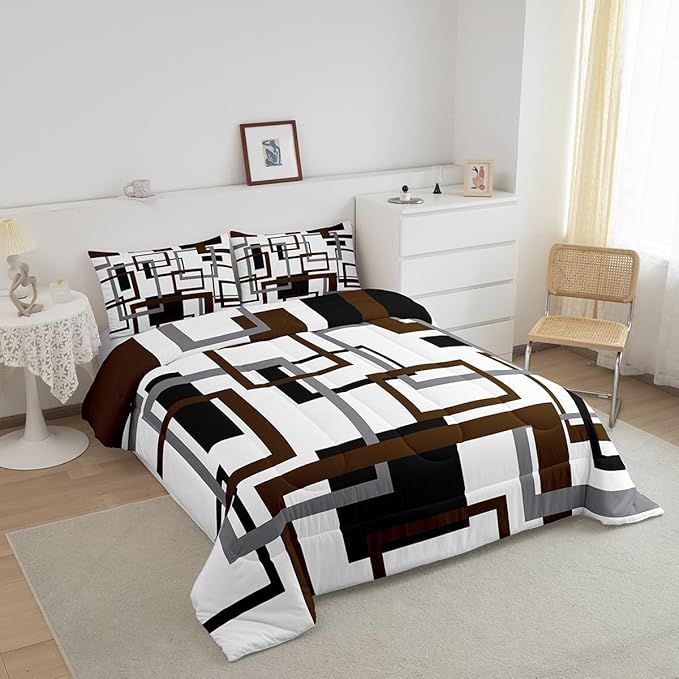 Erosebridal Geometric Comforter Set for Adult,Vintage Black and Grey Brown Bedding Set Twin Size,Modern Farmhouse Quilt Set Home Room Decor,Grid Pattern Duvet Insert with 1 Pillow Sham All Season