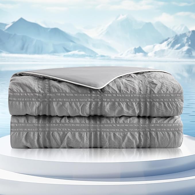 Cozy Bliss Cooling Comforter Seersucker Plaid Twin Size, Q-Max 0.45 Lightweight Cooling Blanket, Breathable Silk Smooth Summer Bedding Quilt for Hot Sleepers Night Sweats Dark Grey