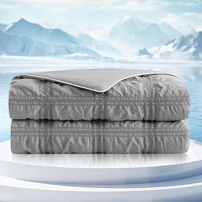 Cozy Bliss Cooling Comforter Seersucker Plaid Twin Size, Q-Max 0.45 Lightweight Cooling Blanket, Breathable Silk Smooth Summer Bedding Quilt for Hot Sleepers Night Sweats Dark Grey