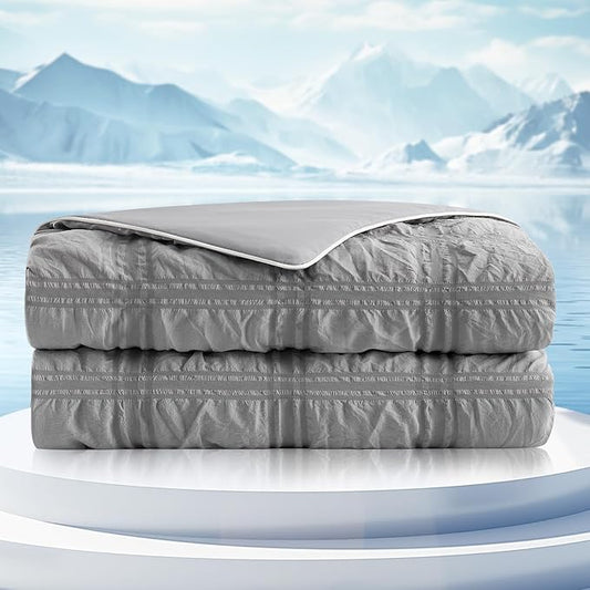 Cozy Bliss Cooling Comforter Seersucker Plaid Twin Size, Q-Max 0.45 Lightweight Cooling Blanket, Breathable Silk Smooth Summer Bedding Quilt for Hot Sleepers Night Sweats Dark Grey