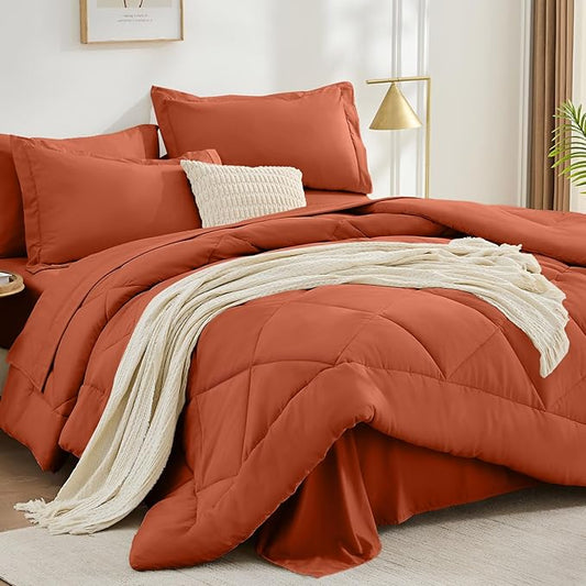 FUANNA 7 Pieces Full Size Comforter Sets, All Season Bedding Sets Full Size, Luxury Soft Bed in a Bag with Comforter, Flat Sheet, Fitted Sheet, Pillowcases & Pillow Shams, Burnt Orange