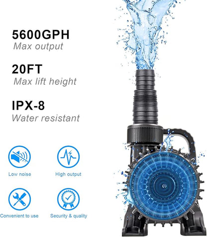 5600 GPH 305W IPX8 Submersible Pond Waterfall Pump | 32.8FT Long Power Cord, Quiet Smart Fountain Pump for Koi Fish, Garden Yard Patio Duck Outdoor Use, with Barrier Filter Bag