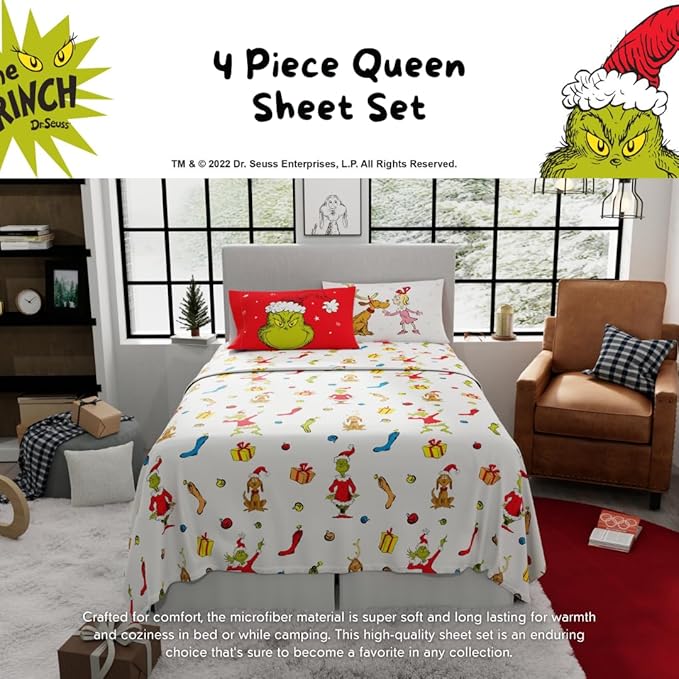 Collectibles Dr. Seuss The Grinch Holiday & Christmas Bedding Super Soft Microfiber 4 Piece Queen Sheet Set, (Officially Licensed Product) by Franco