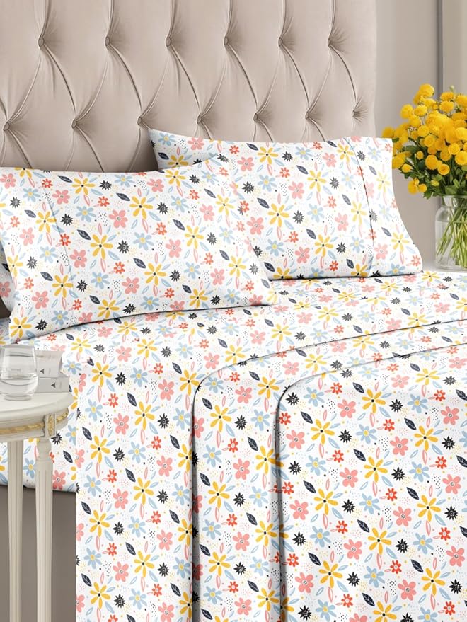 Floral Sheets - Flower Print Bed Sheet Set - 1 Flat, 1 Fitted & 2 Pillowcases w/ Deep Pockets - Comfy, Wrinkle & Fade Free - Boho Botanical Bedding - Soft, Breathable and Cooling - Cal King Size Set