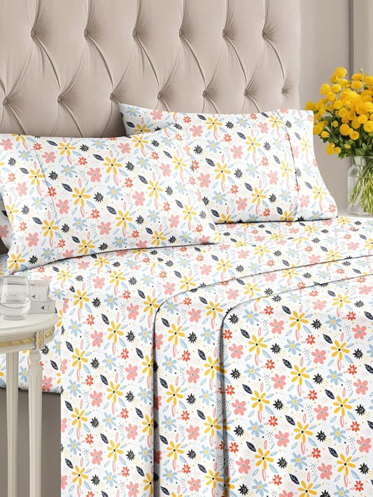 Floral Sheets - Flower Print Bed Sheet Set - 1 Flat, 1 Fitted & 2 Pillowcases w/ Deep Pockets - Comfy, Cozy, Wrinkle & Fade Free - Boho Botanical Bedding - Soft, Breathable & Cooling - King Size Set