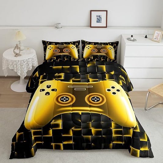 Erosebridal Kids Gamer Bedding Sets for Boys King Gaming Comforter Set Black Gold Geometric Game Console Grids Comforter for Teen Youth Men Video Game Bed Set Soft Lightweight for All Season