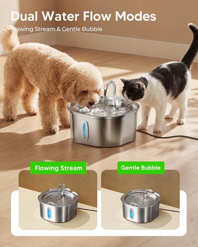 PEKTACO Stainless Steel Cat Water Fountain with 3 Filters, 3.2L/108oz | Cat drinking fountain, dishwasher safe, with triple filtration, quiet pump, and visible water window for cats and small pets