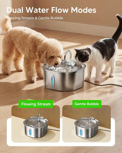 PEKTACO Stainless Steel Cat Water Fountain with 6 Filters, 3.2L/108oz | Cat drinking fountain, dishwasher safe, with triple filtration, quiet pump, and visible water window for cats and small pets