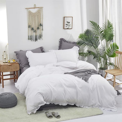 Luxlovery White Ruffle Comforter Set Twin Farmhouse Bedding Comforter Set Boho Shabby Chic Plain White Blanket Quilts Vintage Rustic Soft Breathable Bedding Set with Ruffles for Twin Bed