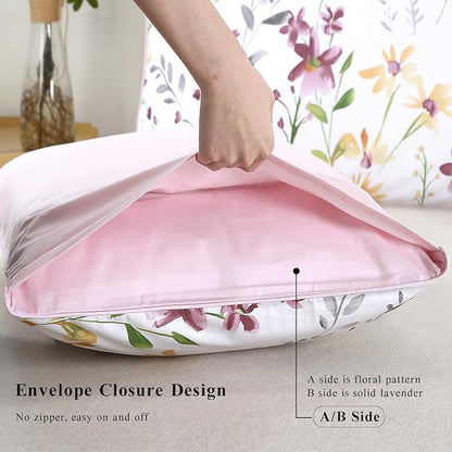 WINLIFE 100% Cotton Pillowcases Garden Floral Printed Pillow Cases Set of 2 Pillow Cover (King Size 20'' x 36'', Lilac)