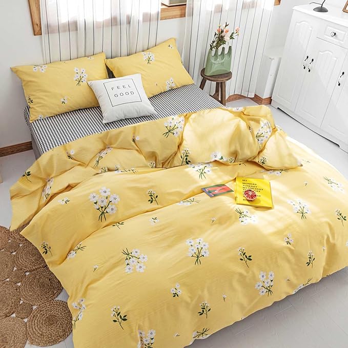 HighBuy Yellow Comforter Set Full Fluffy Soft Vintage Flower Bedding Set Full Boho Chic College Bedding Comforter Set for Teens Girls,Cute Cottagecore Floral Comforter with 2 Pillow Shams