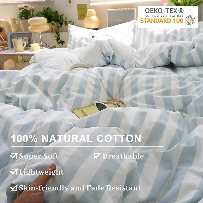 EAVD Retro Blue and White Striped Duvet Cover Set Queen Soft Washed Microfiber Reversible Vertical Striped Percale Bedding Set with 2 Pillowcases Farmhouse Geometric Duvet Cover with Zipper Closure