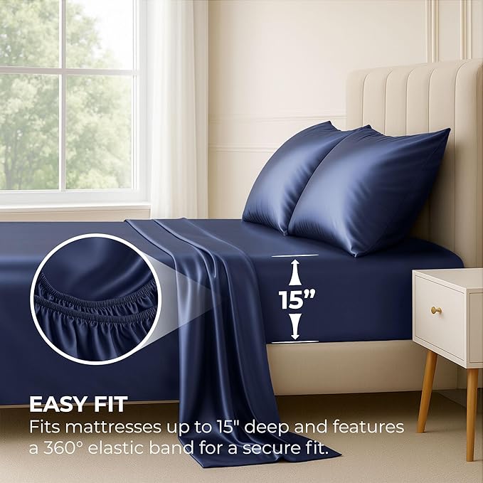 Pure Bedding Satin Sheets Full Hotel Luxury Silky Bed Sheets - Extra Soft 1800 Microfiber Sheet Set, Wrinkle, Stain Resistant - Deep Pocket Fitted Flat Sheet, Pillow Cases (4-Piece, Midnight Blue)