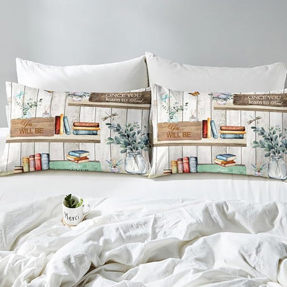 Watercolor Books Bed Sheets Set Reading Time Girls Women Fitted Sheet Rustic Farmhouse Style Bedding Set for Bedroom Decor Floral Leaves Sheet (Twin Flat Sheet & Fitted Sheet with 1 Pillow Case)