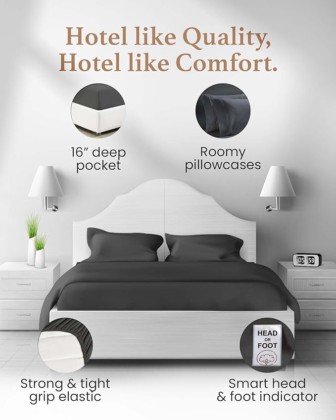 Good Sleep Bedding Split King Sheets for Adjustable Bed - Buttery Soft 100% Cotton Set, Sateen Bedding Set with Durable Twin XL Fitted Sheets - Dark Gray