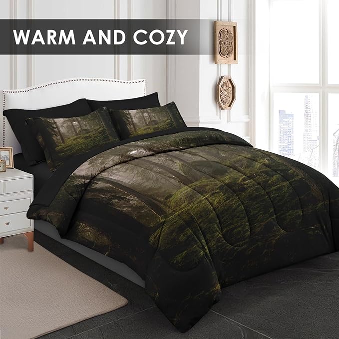 Comforter Set Full Size, Tree Forest 7 Pcs Bedding for Kids and Adults, Mystic Mountain Plant Leaf Bed Sheet Sets with Fitted Sheet 2 Pillowcases & 2 Shams for Bedroom Bed Decor