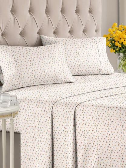 Floral Sheets - Flower Print Bed Sheet Set - 1 Flat, 1 Fitted & 2 Pillowcases w/ Deep Pockets - Comfy, Cozy, Wrinkle & Fade Free - Boho Botanical Bedding - Soft, Breathable & Cooling - King Size Set