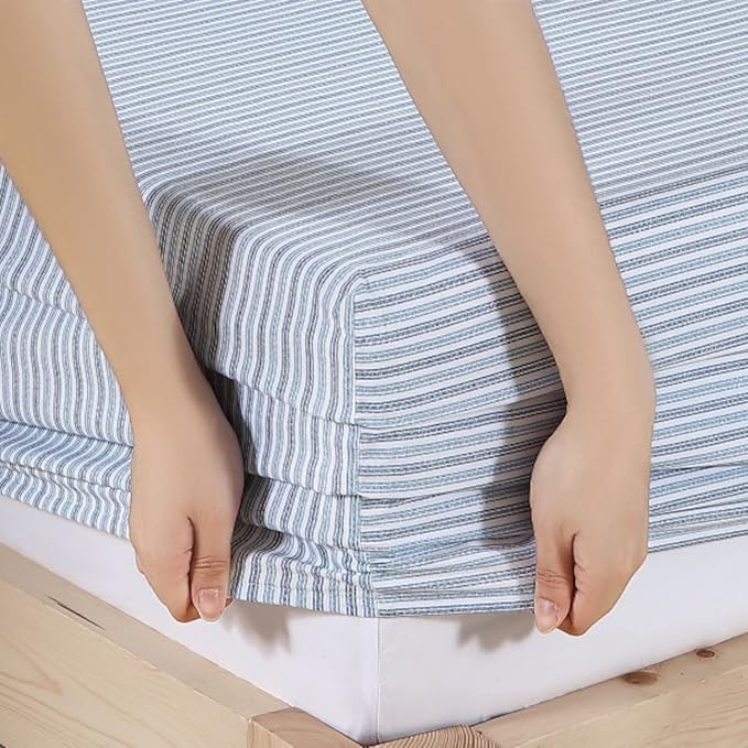 Eddie Bauer - Queen Sheets, Cotton Percale Bedding Set, Crisp & Cool Home Decor (Ticking Stripe Light Blue, Queen)