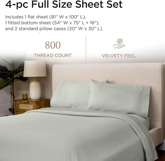 Threadmill Luxury 800 Thread Count Full Size 100% Cotton Sheets - Light Grey Sateen Weave Bed-Sheets, Better Than Egyptian Cotton, 4 Pc Solid Bed Set, Fits 16" Deep Pocket