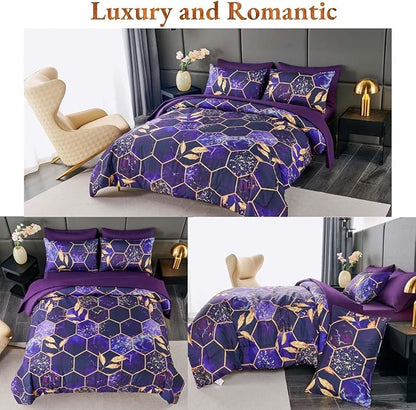 ANGIYUIN 7Pcs Bed-in-A-Bag Purple Gold Marble Comforter Set Full Size, 3D Geometric Hexagon Comforter Bedding Set, Modern Foil Print Bed Sets with Matched Sheets for Women Men(Purple Full)