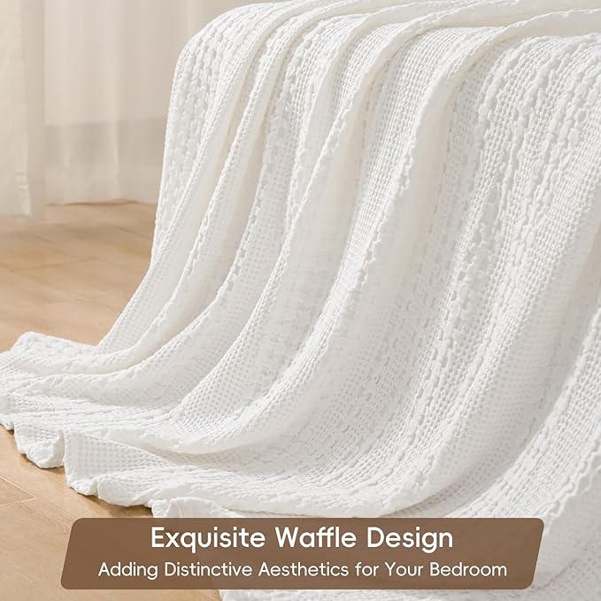 PHF 100% Cotton Waffle Weave Blanket Queen Size for Bed, Soft Lightweight & Breathable for Spring and Summer, All-Season Comfort, Luxury Aesthetic Blanket for Home Decor, 90"x90", White