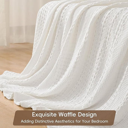 PHF 100% Cotton Waffle Weave Blanket Queen Size for Bed, Soft Lightweight & Breathable for Spring and Summer, All-Season Comfort, Luxury Aesthetic Blanket for Home Decor, 90"x90", White