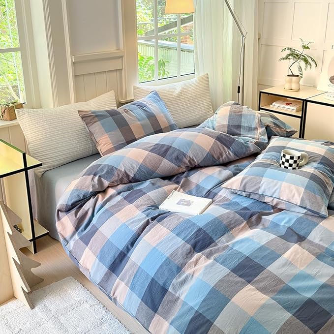 FACE TWO FACE Bedding Duvet Cover Set100% Washed Cotton Duvet Cover Linen Like Textured Breathable Durable Soft Comfy (King, Cardamom Blue Grid)