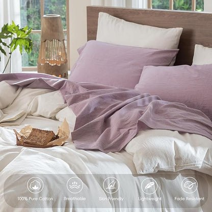 MooMee Bedding Sheet Set 100% Washed Cotton Linen Like Textured Breathable Durable Soft Comfy (Heathered Light Purple, Queen)