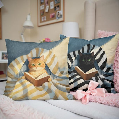 Funny Cat Reader Book Throw Pillow Cover 18 x 18 Set of 2, Gifts for Book Lovers, Reading Nook Corner Decor, Preppy Floral Black Orange Tabby Tuxedo Cats Bookish Pillowcase（01）