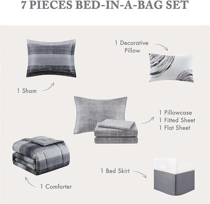 Madison Park Essentials Twin Comforter Set, Bed in a Bag, Watercolor Print Coastal Comforter & Chambray Cotton Sheet Set, All Season Bedding Set, Saben, Black Twin (68 in x 86 in) 7 Piece
