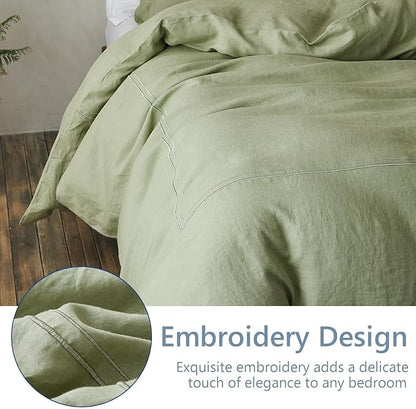 Simple&Opulence 100% Washed Linen Duvet Cover Set 68"x86" - 2 Pieces Soft Farmhouse Comforter Set Double Embroidered with Button Closure - 1 Duvet Cover and 1 Pillowsham (Sage Green, Twin)