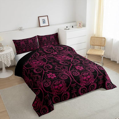 Feelyou Adults Pink Vintage Damask Floral Comforter Set Oriental Antique Comforter Twin Size Exotic Sugar Skull Rose Bedding Set Gothic Bohemia Boho Duvet Set Quilt Set 2Pcs