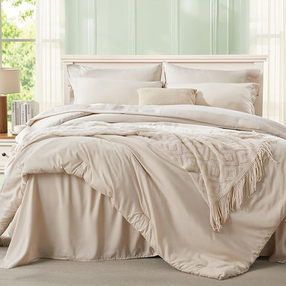 Anluoer Beige Twin Comforter Set 5 Pieces, Bed in a Bag with Sheets, All Season Bedding Sets with 1 Comforter, 1 Pillow Sham, 1 Pillowcase, 1 Flat Sheet, 1 Fitted Sheet